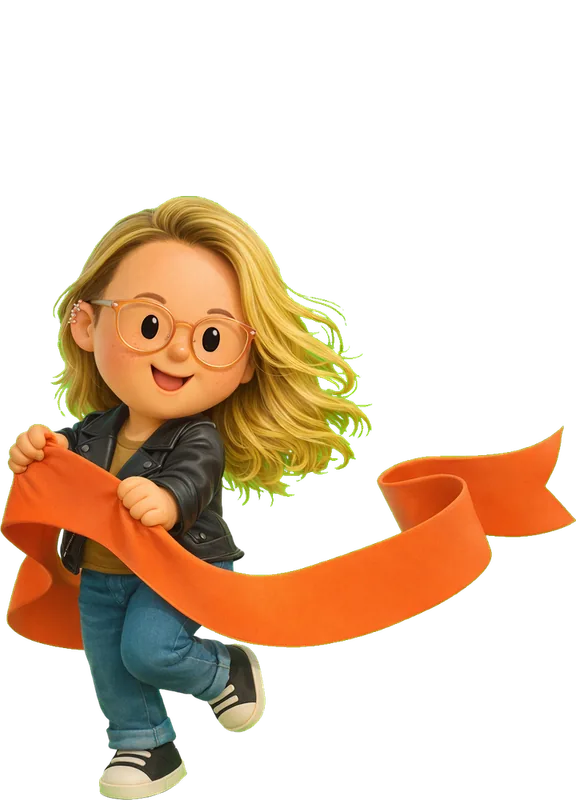 Charlota Blunarova drawn as a chunky cartoon kid mid-play in the Backyard Designers yard