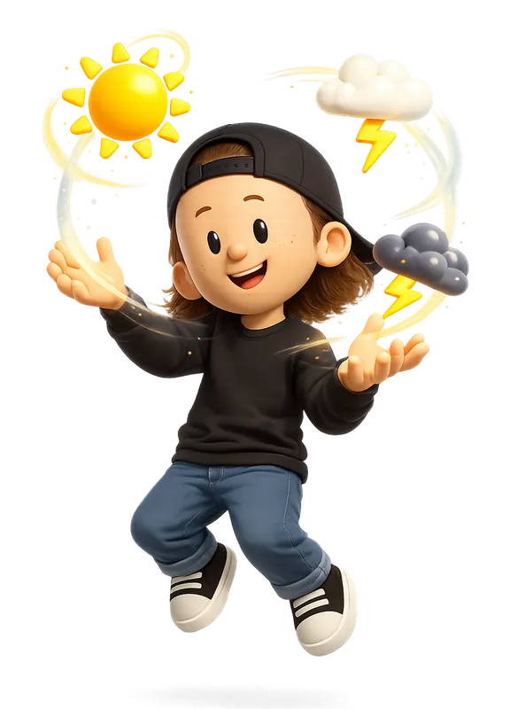 Adam Whitcroft drawn as a chunky cartoon kid mid-play in the Backyard Designers yard