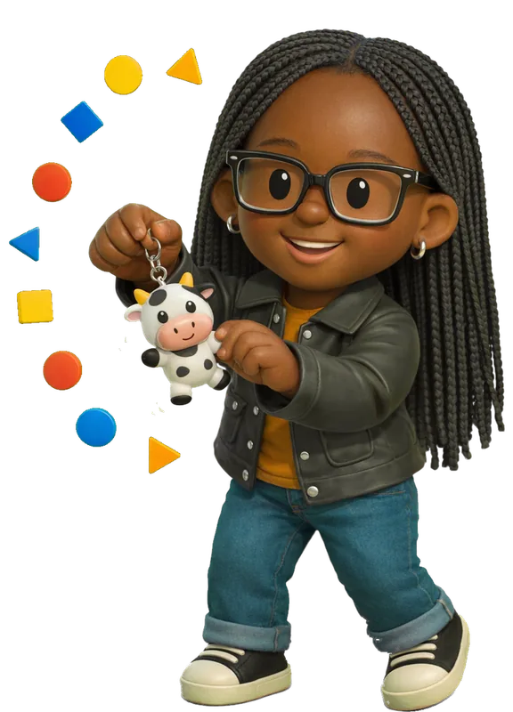 Adanna O. drawn as a chunky cartoon kid mid-play in the Backyard Designers yard