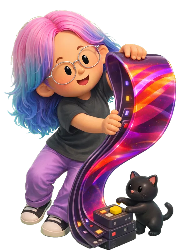 Ana Howard drawn as a chunky cartoon kid mid-play in the Backyard Designers yard