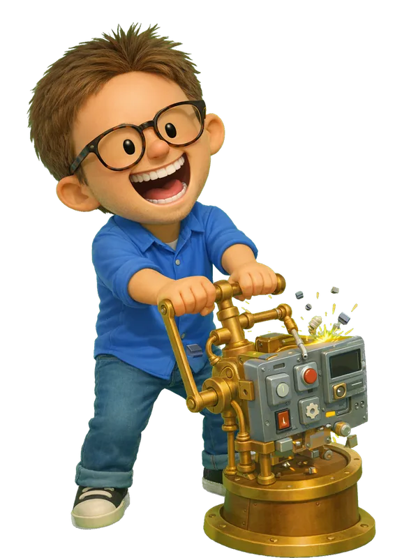 Beni Issen drawn as a chunky cartoon kid mid-play in the Backyard Designers yard