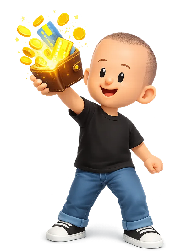 Benji Taylor drawn as a chunky cartoon kid mid-play in the Backyard Designers yard