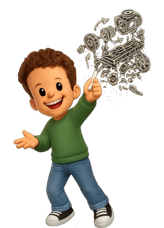 Dan Hollick drawn as a chunky cartoon kid mid-play in the Backyard Designers yard