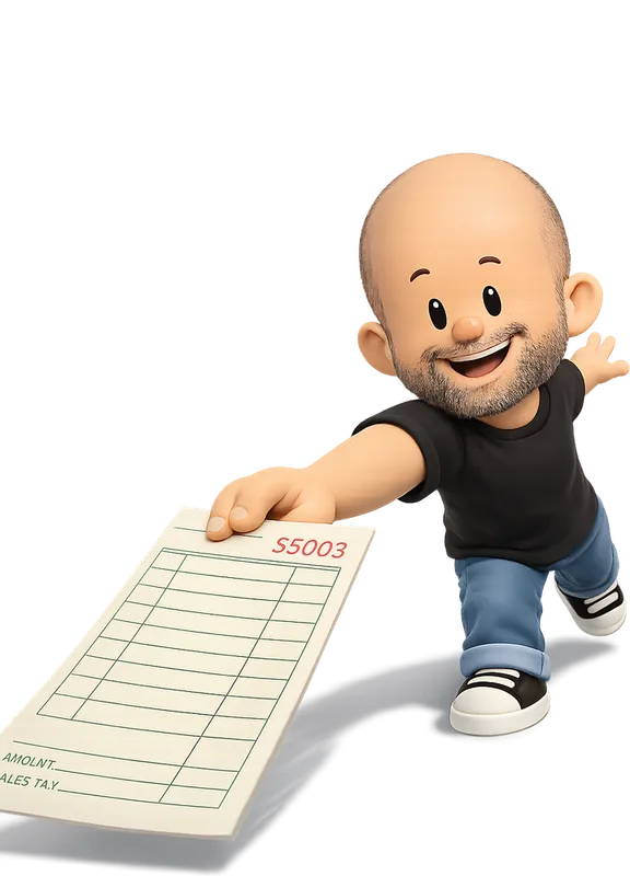 Darrin Henein drawn as a chunky cartoon kid mid-play in the Backyard Designers yard