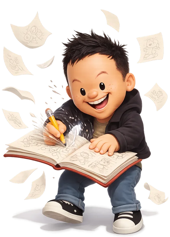 David Hoang drawn as a chunky cartoon kid mid-play in the Backyard Designers yard