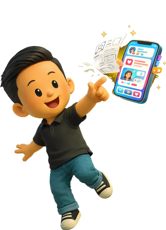 Danny Trinh drawn as a chunky cartoon kid mid-play in the Backyard Designers yard