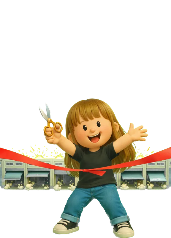 Eve Bouffard drawn as a chunky cartoon kid mid-play in the Backyard Designers yard