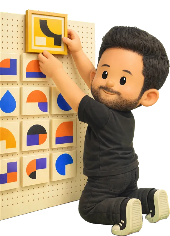 Eyal Zuri drawn as a chunky cartoon kid mid-play in the Backyard Designers yard