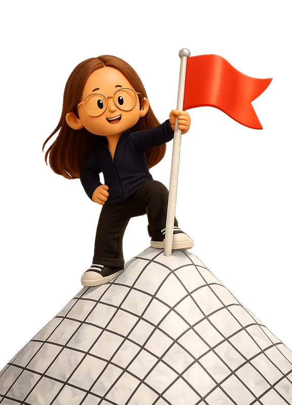 Grace Walker drawn as a chunky cartoon kid mid-play in the Backyard Designers yard