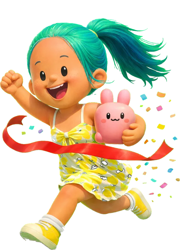 Grace Ling drawn as a chunky cartoon kid mid-play in the Backyard Designers yard