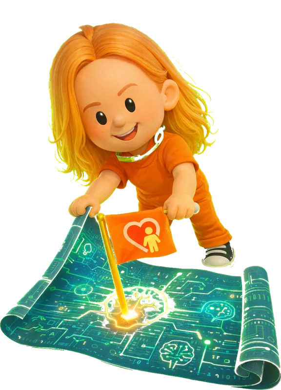 Ioana Teleanu drawn as a chunky cartoon kid mid-play in the Backyard Designers yard