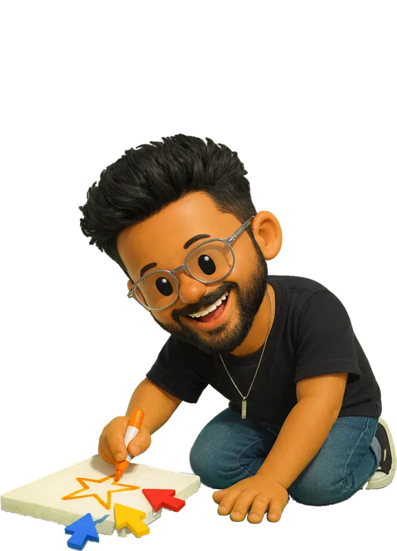 Siddharth drawn as a chunky cartoon kid mid-play in the Backyard Designers yard