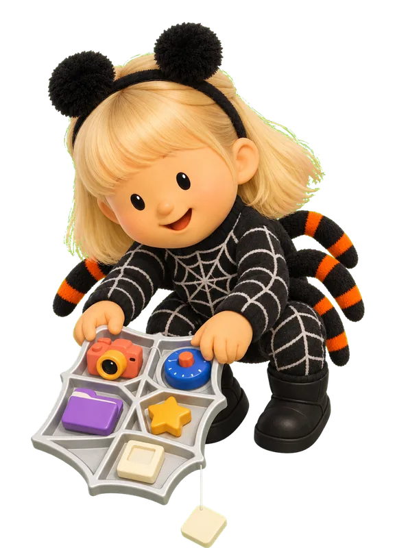 Jackie Hu drawn as a chunky cartoon kid mid-play in the Backyard Designers yard