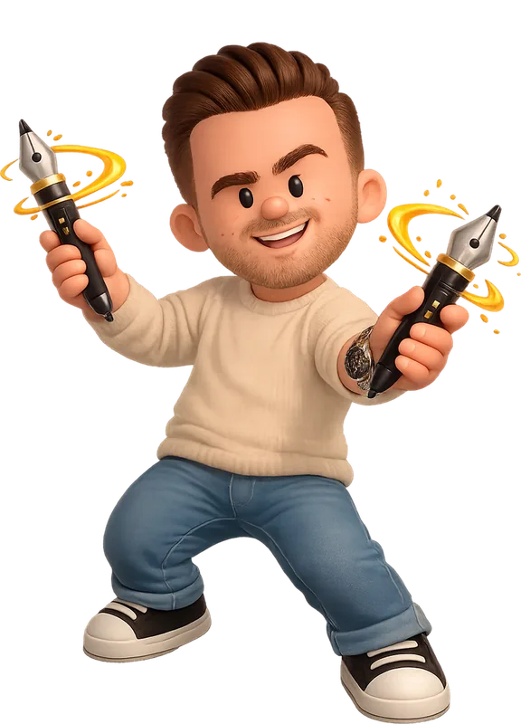 James McDonald drawn as a chunky cartoon kid mid-play in the Backyard Designers yard