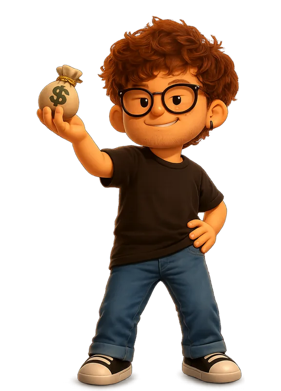 John Pham drawn as a chunky cartoon kid mid-play in the Backyard Designers yard