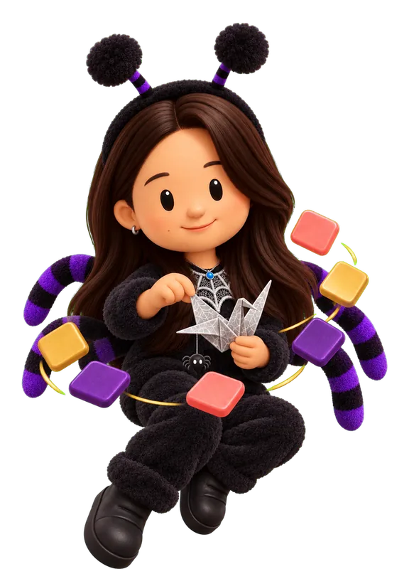 Josephine Onggowarsito drawn as a chunky cartoon kid mid-play in the Backyard Designers yard