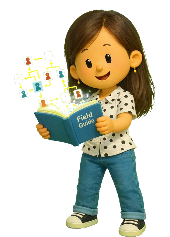 Julie Zhuo drawn as a chunky cartoon kid mid-play in the Backyard Designers yard