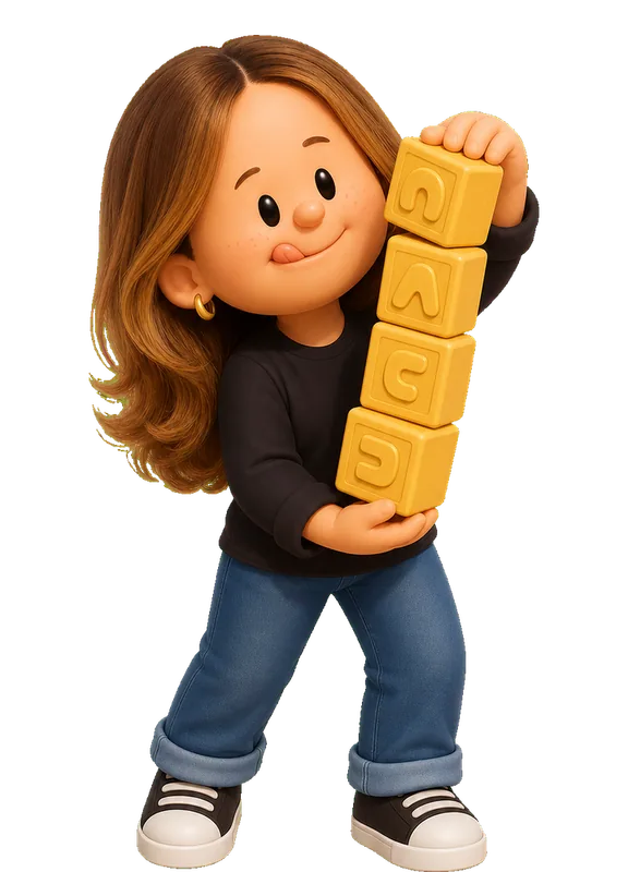 Jessica Strelioff drawn as a chunky cartoon kid mid-play in the Backyard Designers yard