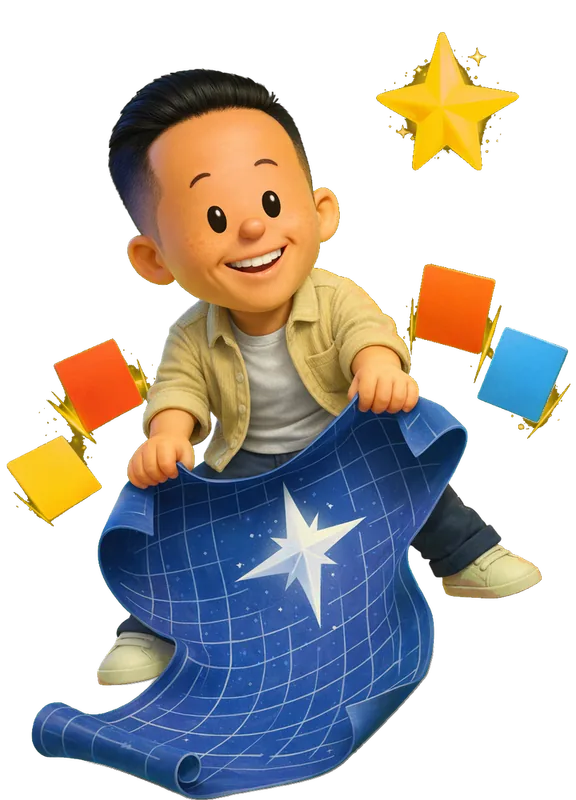Kevin Wong drawn as a chunky cartoon kid mid-play in the Backyard Designers yard
