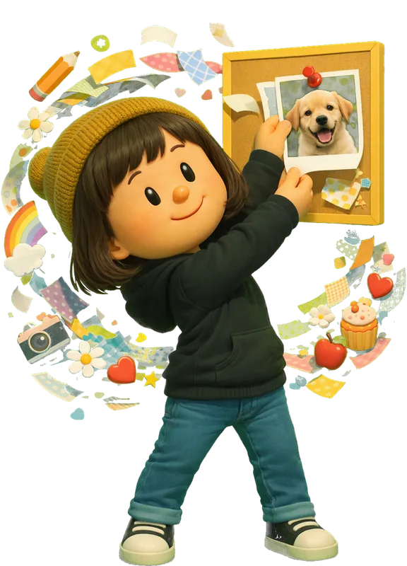 Lauren LoPrete drawn as a chunky cartoon kid mid-play in the Backyard Designers yard