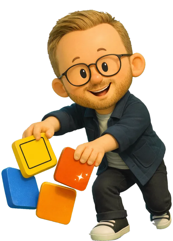 Liam Matteson drawn as a chunky cartoon kid mid-play in the Backyard Designers yard