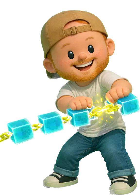 Lochie Axon drawn as a chunky cartoon kid mid-play in the Backyard Designers yard