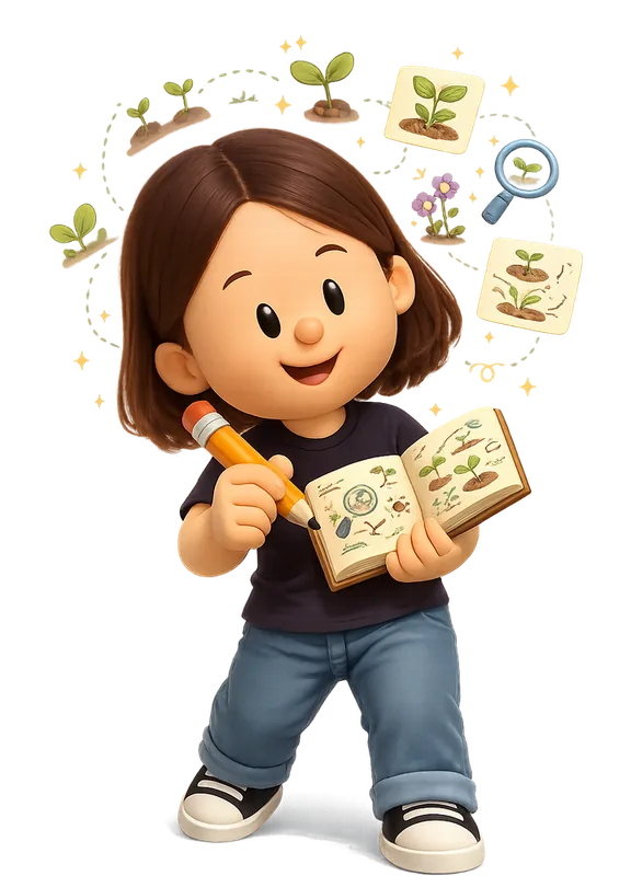 Maggie Appleton drawn as a chunky cartoon kid mid-play in the Backyard Designers yard