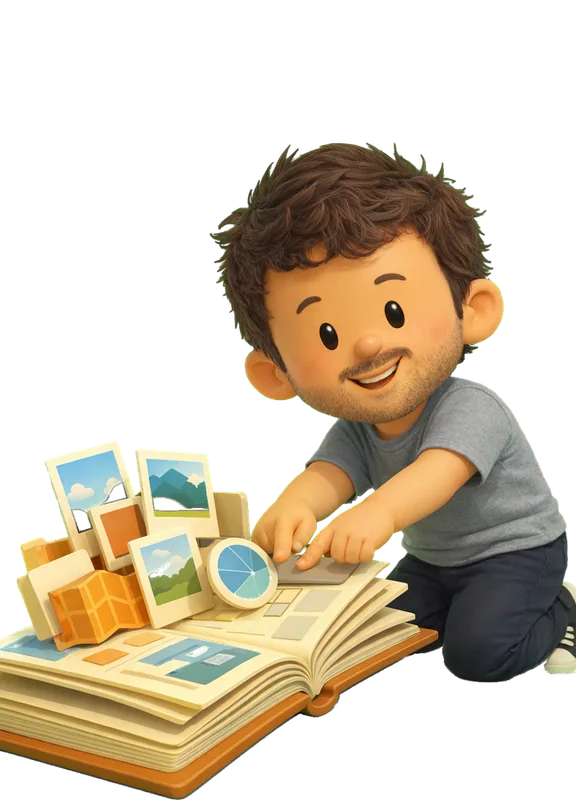 Mike Matas drawn as a chunky cartoon kid mid-play in the Backyard Designers yard