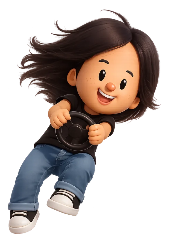 Aakanksha Mirdha drawn as a chunky cartoon kid mid-play in the Backyard Designers yard