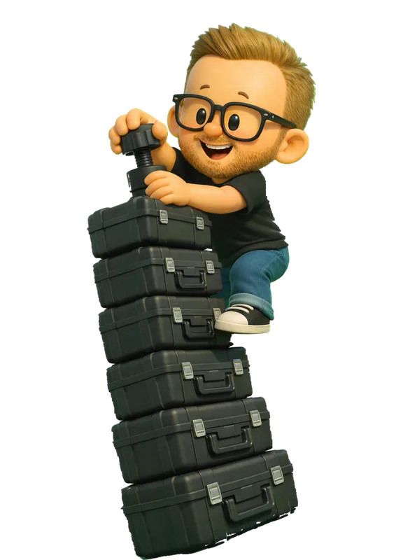 Lee Black drawn as a chunky cartoon kid mid-play in the Backyard Designers yard