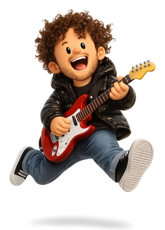 Nev Flynn drawn as a chunky cartoon kid mid-play in the Backyard Designers yard
