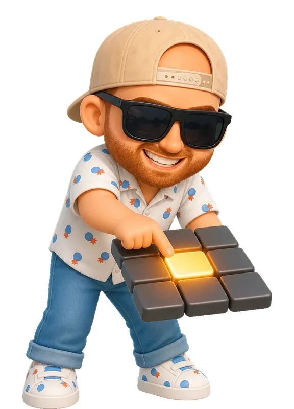 The Undesigner drawn as a chunky cartoon kid mid-play in the Backyard Designers yard