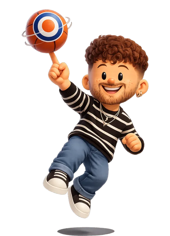 Oğuz Yağız Kara drawn as a chunky cartoon kid mid-play in the Backyard Designers yard