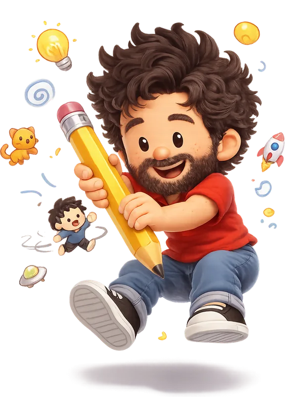 Pablo Stanley drawn as a chunky cartoon kid mid-play in the Backyard Designers yard