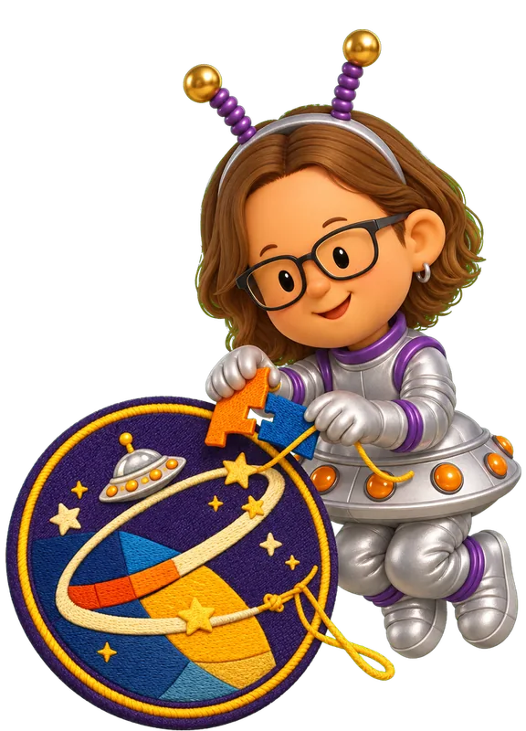 Patricia Klein drawn as a chunky cartoon kid mid-play in the Backyard Designers yard