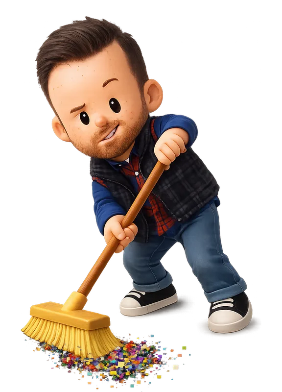 Derek Briggs drawn as a chunky cartoon kid mid-play in the Backyard Designers yard