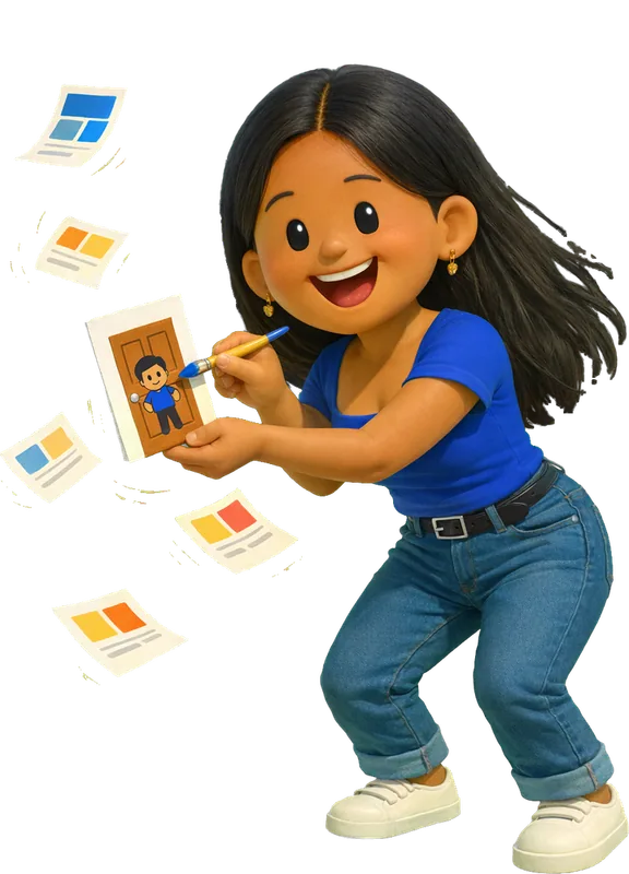 Pooja Jadav drawn as a chunky cartoon kid mid-play in the Backyard Designers yard