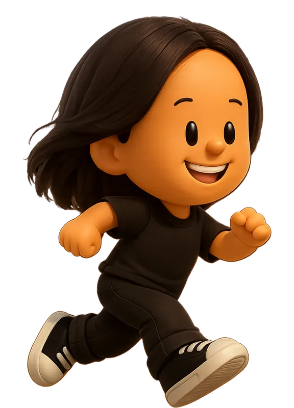 Pranathi Peri drawn as a chunky cartoon kid mid-play in the Backyard Designers yard