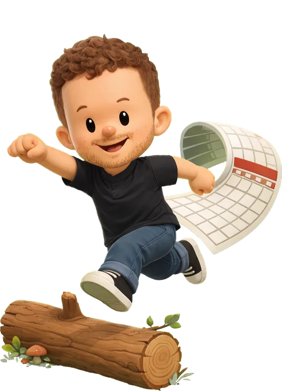 Raphael Schaad drawn as a chunky cartoon kid mid-play in the Backyard Designers yard