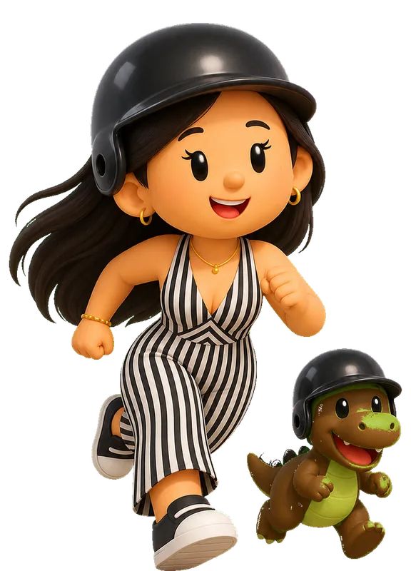 Resham Khanna drawn as a chunky cartoon kid mid-play in the Backyard Designers yard