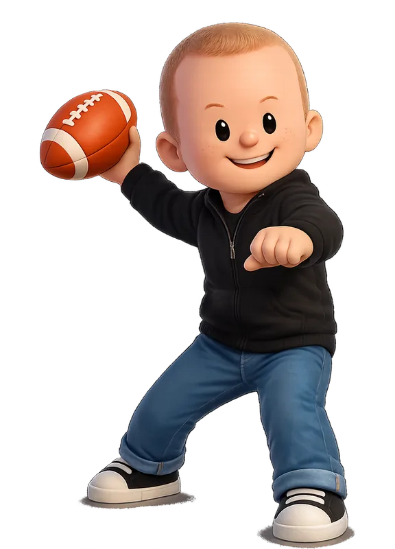 Ridd drawn as a chunky cartoon kid mid-play in the Backyard Designers yard