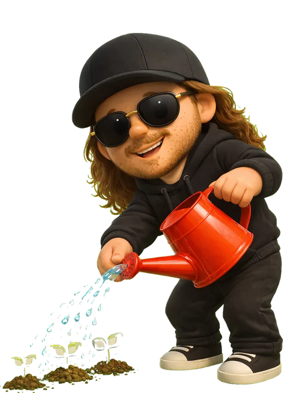 Riley Jones drawn as a chunky cartoon kid mid-play in the Backyard Designers yard