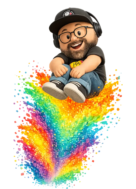 Rogie King drawn as a chunky cartoon kid mid-play in the Backyard Designers yard