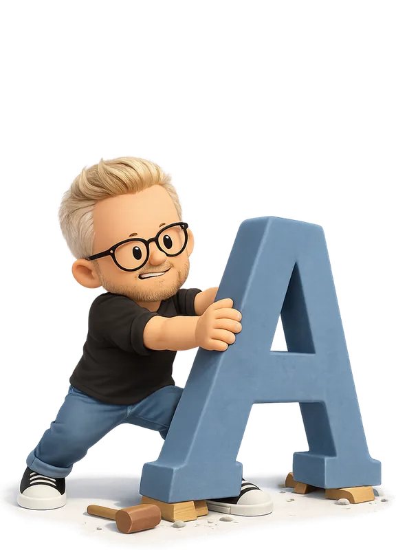 Rasmus Andersson drawn as a chunky cartoon kid mid-play in the Backyard Designers yard
