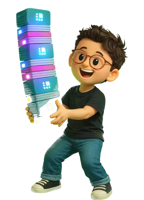 Ryan Miyoshi drawn as a chunky cartoon kid mid-play in the Backyard Designers yard