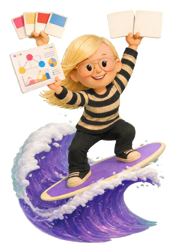 Sara Vienna drawn as a chunky cartoon kid mid-play in the Backyard Designers yard