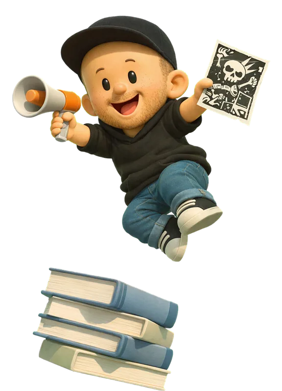 Finn McKenty drawn as a chunky cartoon kid mid-play in the Backyard Designers yard