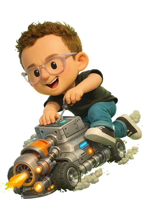 Shane Levine drawn as a chunky cartoon kid mid-play in the Backyard Designers yard