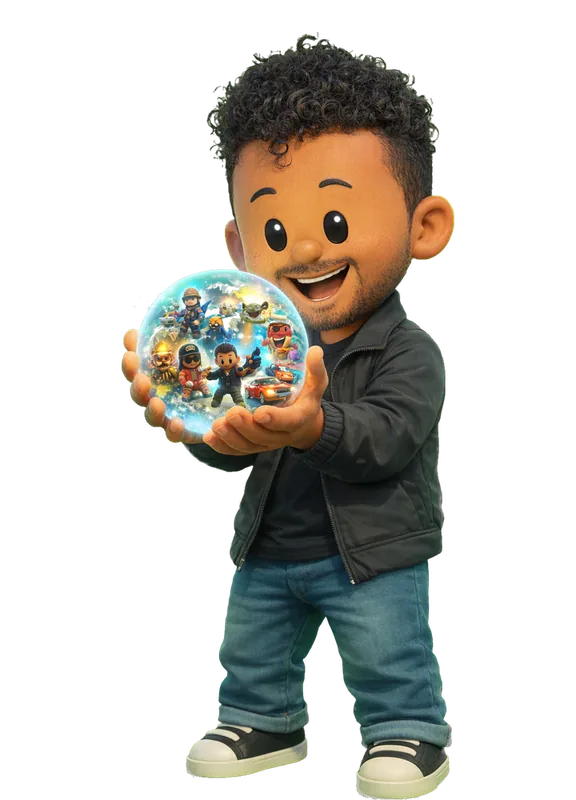 Tuhin Kumar drawn as a chunky cartoon kid mid-play in the Backyard Designers yard