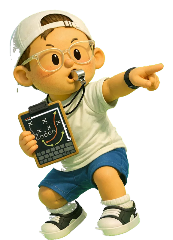 Will King drawn as a chunky cartoon kid mid-play in the Backyard Designers yard